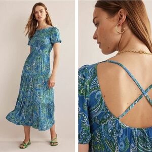 BODEN NWT Cutout Back‎ Jersey Soft Stretch Blue Paisley Maxi Dress Size US 14